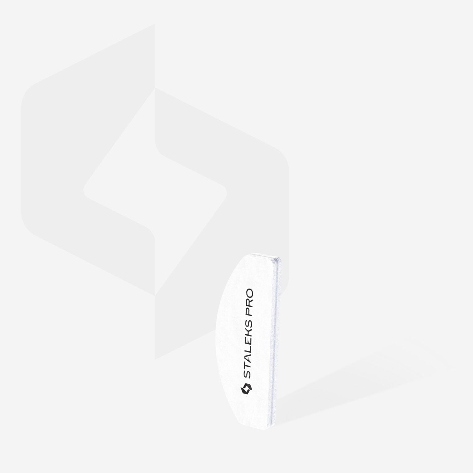 A STALEKS PRO Grinding Buff Crescent mini EXPERT 41 100/180 grit (20 pcs) in white with “Staleks PRO” branding stands upright on a light gray background, faint geometric logo visible behind.