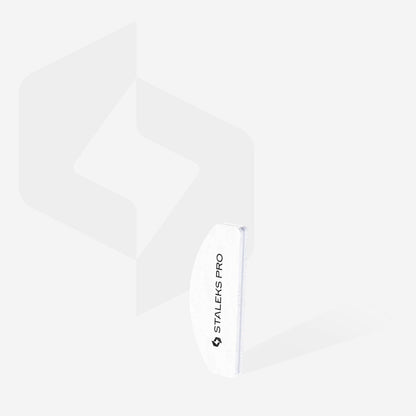 A STALEKS PRO Grinding Buff Crescent mini EXPERT 41 100/180 grit (20 pcs) in white with “Staleks PRO” branding stands upright on a light gray background, faint geometric logo visible behind.