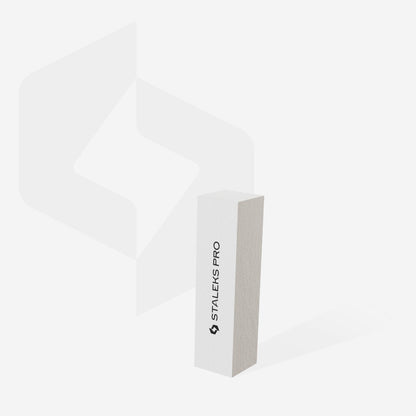 A white rectangular STALEKS PRO Grinding Buff EXPERT 51 150 grit (10 pcs) stands upright with "Staleks" in black on its side. Ideal for smoothing artificial nails during extensions, a subtle geometric logo decorates the white background.