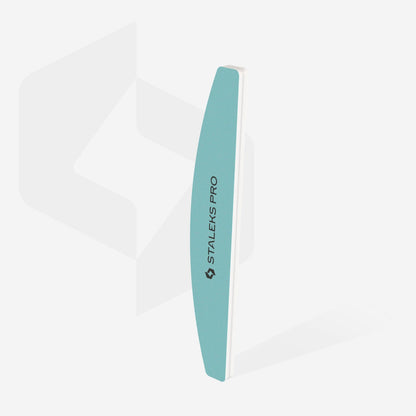 The STALEKS PRO Polishing Buff Crescent Expert 41 (400/3000 grit, 1 pc) by Staleks is a light blue and white curved nail buffer block with "STALEKS PRO" printed on the blue side, ideal for manicure and pedicure routines.