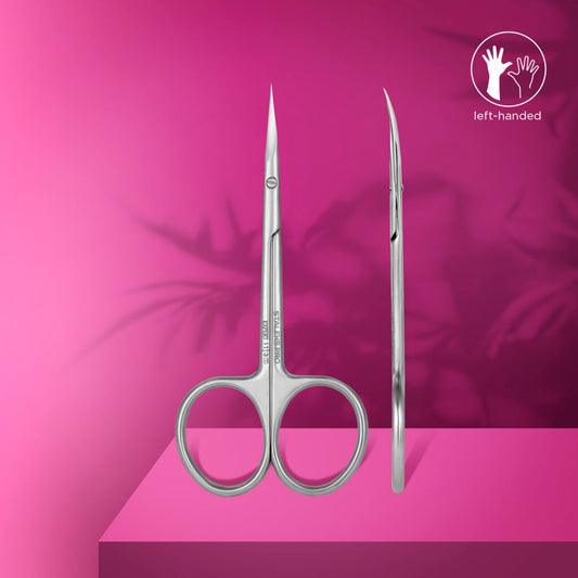 The STALEKS PRO Professional Cuticle Scissors For Left-Handed Users EXPERT 11 TYPE 3 by Staleks are shown upright and side-on on a pink surface with a magenta background, featuring a left-handed icon in the top right corner.