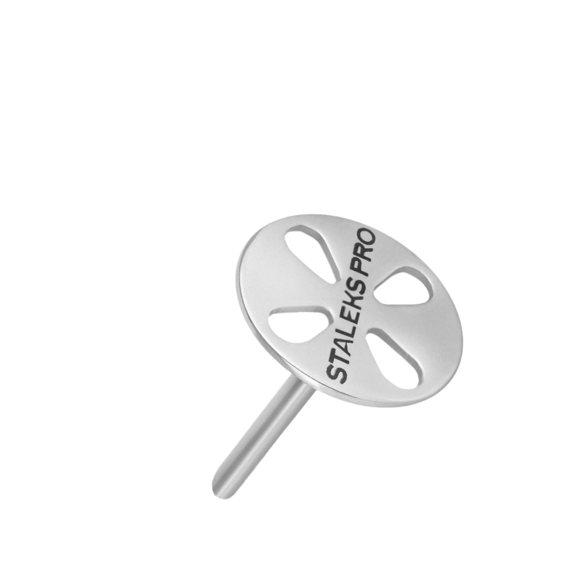 The STALEKS PRO Pedicure Disc PODODISC by Staleks is a stainless steel, round, flat-head nail drill bit with four oval cutouts and “STALEKS PRO” on the surface. Includes 5 disposable files. Shown on a plain white background.