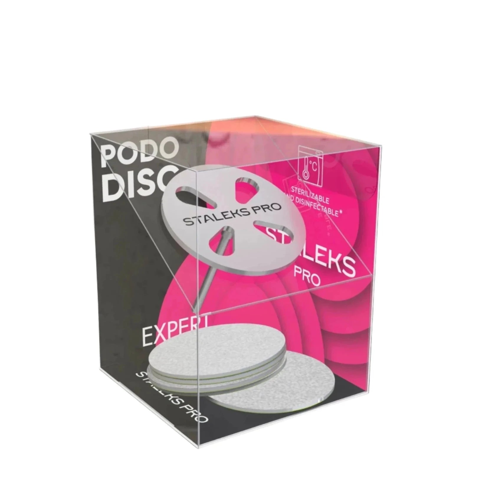 Transparent cube packaging showcases the STALEKS PRO Pedicure Disc PODODISC and Set of Disposable File 5 pcs by Staleks. Stainless steel flat discs and disposable files are visible, with a pink background and product branding text.