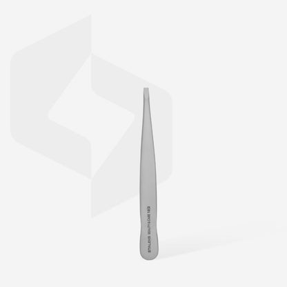 A single STALEKS PRO Eyebrow Tweezers Beauty & Care 10 Type 2 by Staleks stands upright on a plain white background, featuring engraved text on the handle. Its slant-tip design ensures precision, perfect for shaping thick eyebrows.