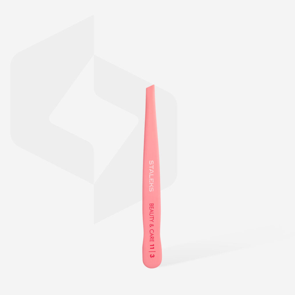 The STALEKS PRO Eyebrow Tweezers BEAUTY & CARE 11 TYPE 3 (wide beveled) by Staleks, crafted from durable AISI 420 stainless steel with a pink slant tip and printed handle, are shown upright against a light background.