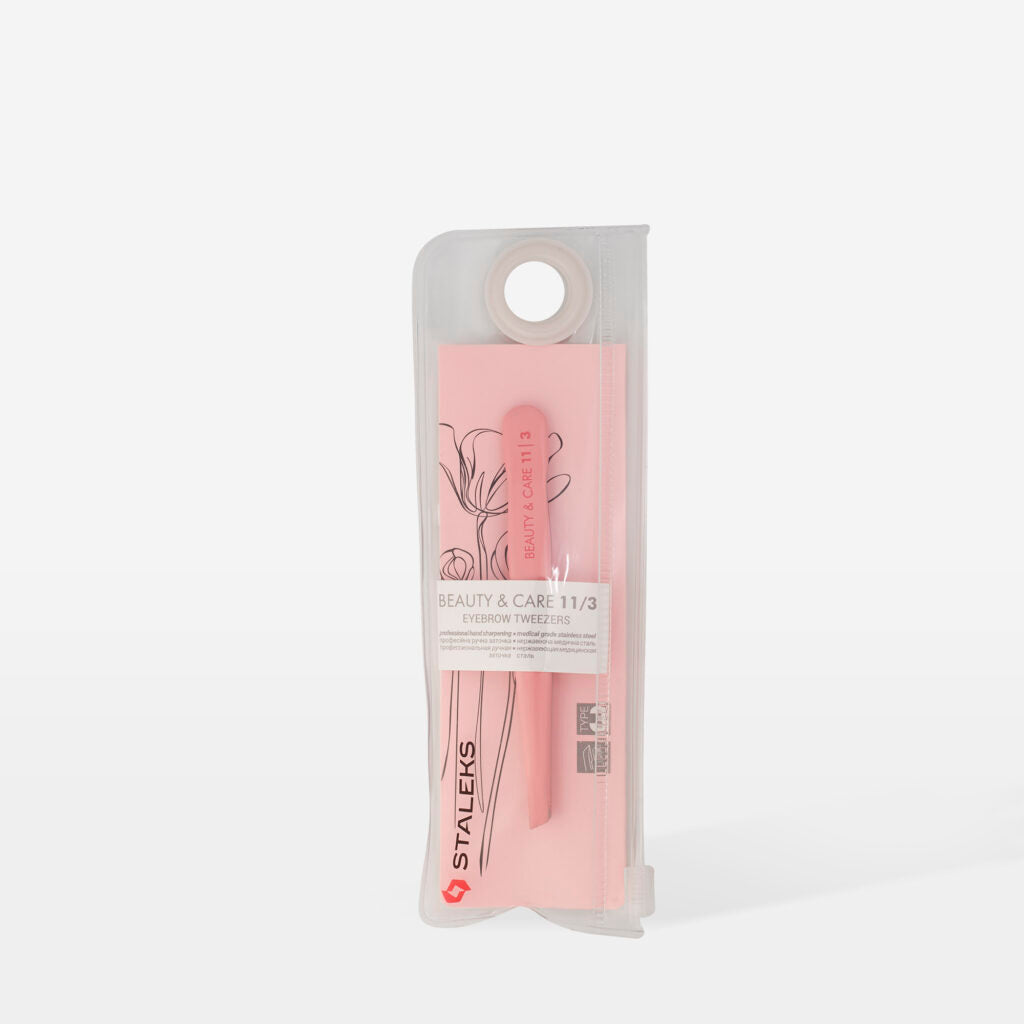 Staleks STALEKS PRO Eyebrow Tweezers BEAUTY & CARE 11/3 (wide beveled) in pink, made of AISI 420 stainless steel, come in a transparent zippered case with a pink insert labeled "Staleks Beauty & Care 11/3" and a hanging loop.