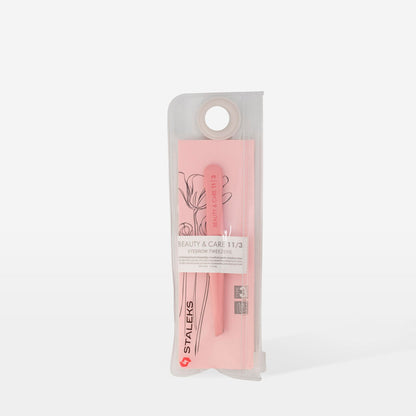 Staleks STALEKS PRO Eyebrow Tweezers BEAUTY & CARE 11/3 (wide beveled) in pink, made of AISI 420 stainless steel, come in a transparent zippered case with a pink insert labeled "Staleks Beauty & Care 11/3" and a hanging loop.