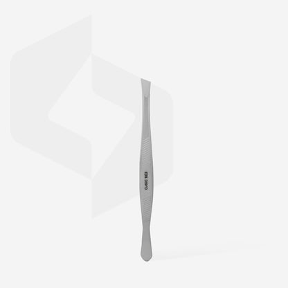 A stainless steel cuticle pusher with a textured grip stands upright on a white background, featuring flat angled and rounded tips—perfect for use with Staleks STALEKS PRO Eyebrow Tweezers CLASSIC 10 TYPE 3 (wide beveled) when grooming thick brows.