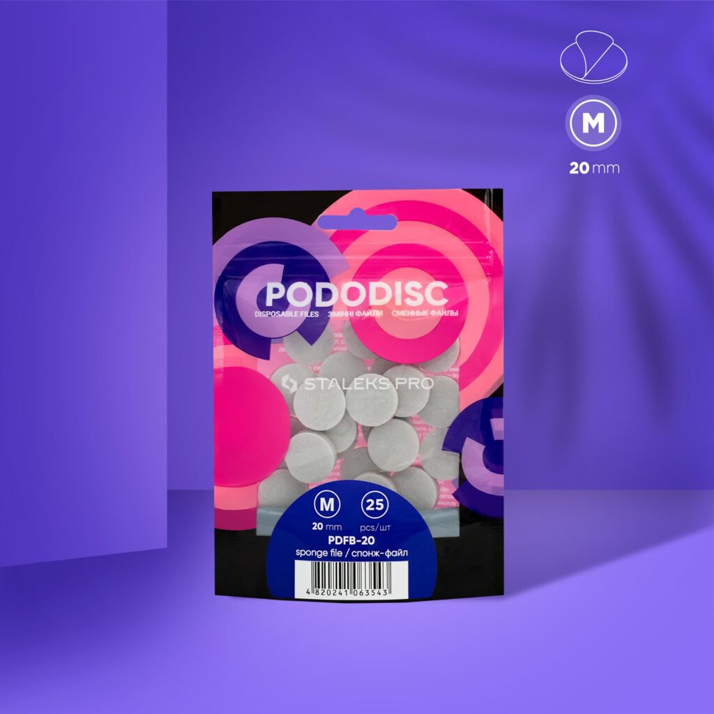 A pack of STALEKS PRO Disposable Files-Sponges For Pedicure Disc PODODISC M EXPERT 20 (25 Pcs) by Staleks, in black packaging with pink and purple circles, shown on a purple background. Offers effective abrasive structure for foot polishing.