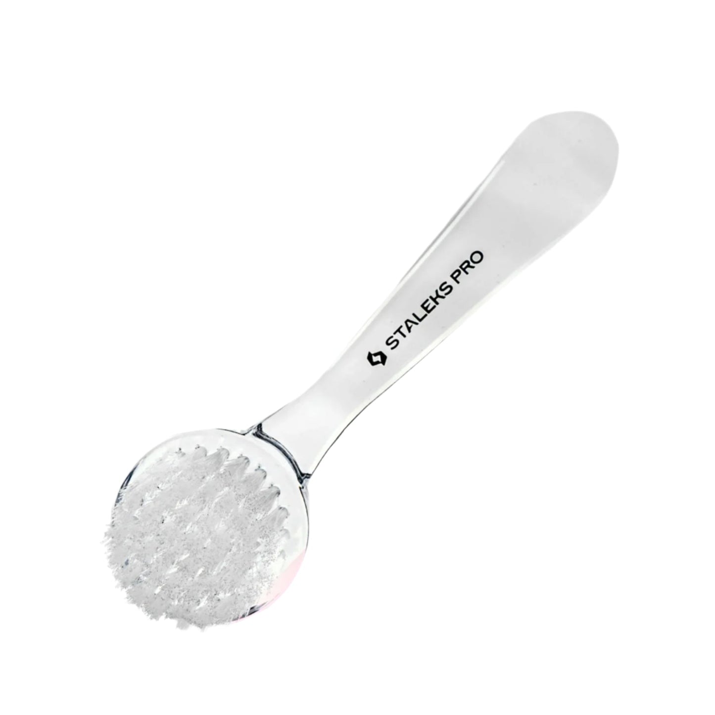 The STALEKS PRO Manicure Brush EXPERT 01 for dust removal features a round head of synthetic bristles and a durable plastic handle with “STALEKS PRO” labeling; comes with a protective cover for hygienic storage. Brand: Staleks.