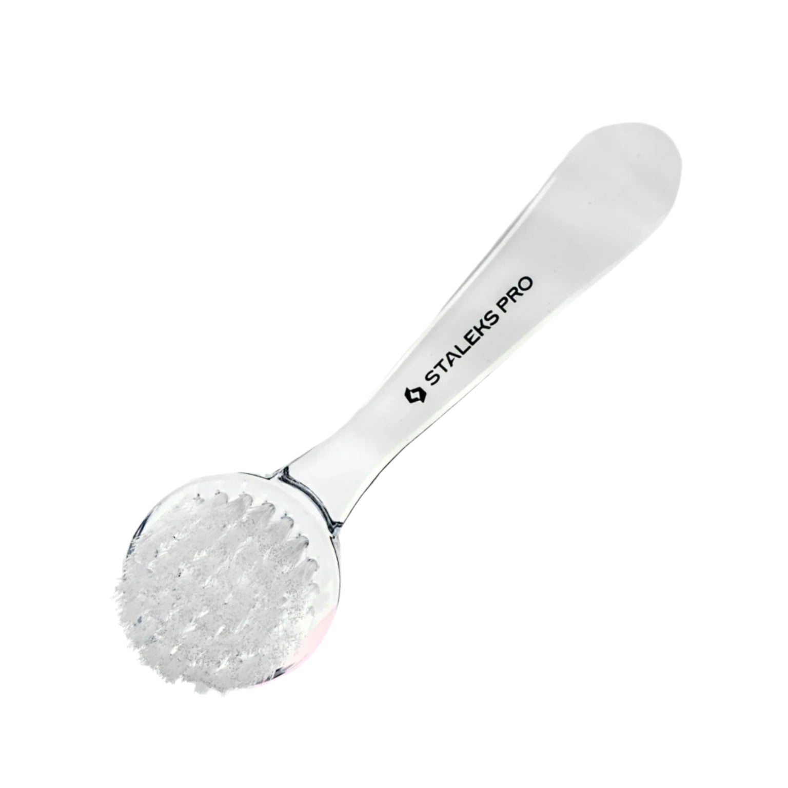 The STALEKS PRO Manicure Brush EXPERT 01 for dust removal features a round head of synthetic bristles and a durable plastic handle with “STALEKS PRO” labeling; comes with a protective cover for hygienic storage. Brand: Staleks.