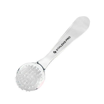 The STALEKS PRO Manicure Brush EXPERT 01 for dust removal features a round head of synthetic bristles and a durable plastic handle with “STALEKS PRO” labeling; comes with a protective cover for hygienic storage. Brand: Staleks.